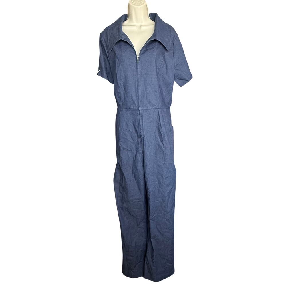 Unique Vintage Indigo Denim Full Flare Leg Jumpsuit 1X NWOT